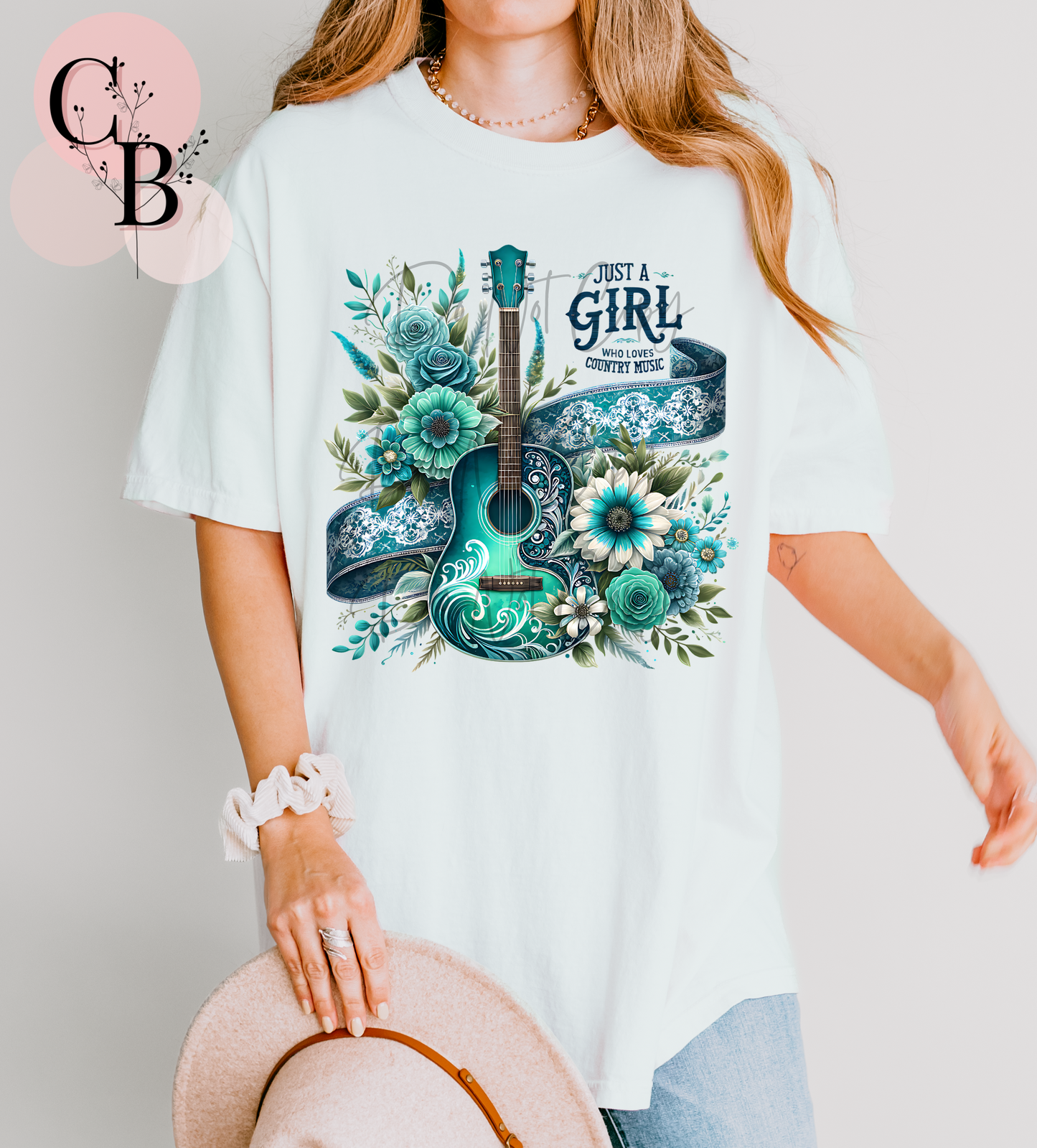 Teal "Just A Girl Who Loves Country Music" T-shirt by Creative Butterfly, featuring casual cotton fabric and country music-themed design.