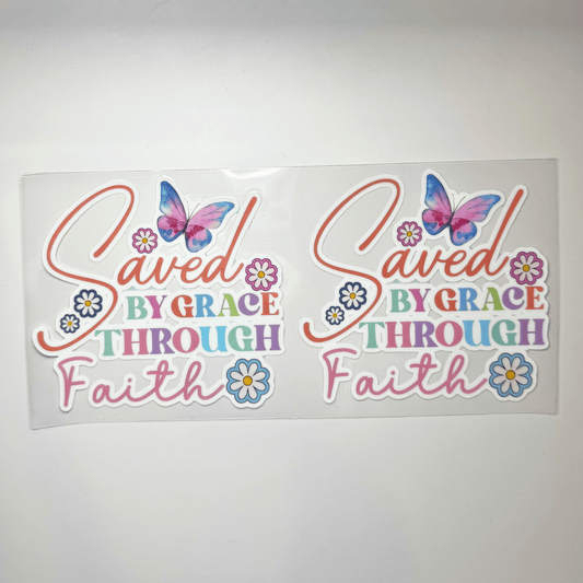 Creative Butterfly Saved By Grace inspirational wall art featuring elegant script on a neutral background.