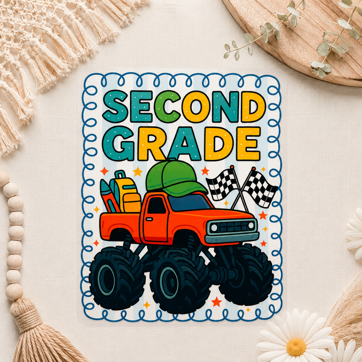 Creative Butterfly Monster Truck grade level kids DTF transfer displayed on a sheet for fabric printing.