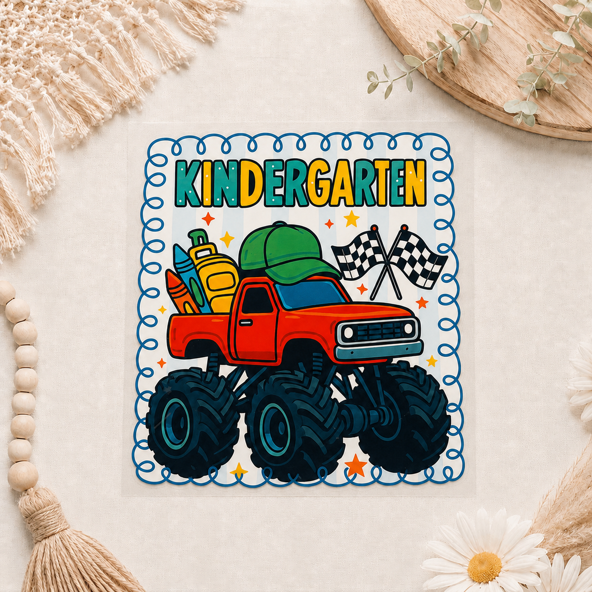 Creative Butterfly monster truck grade level kids DTF transfer featuring colorful monster truck design for children's clothing.