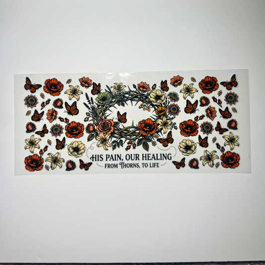 Creative Butterfly "His Pain, Our Healing" artwork featuring vibrant, abstract designs symbolizing compassion and recovery.