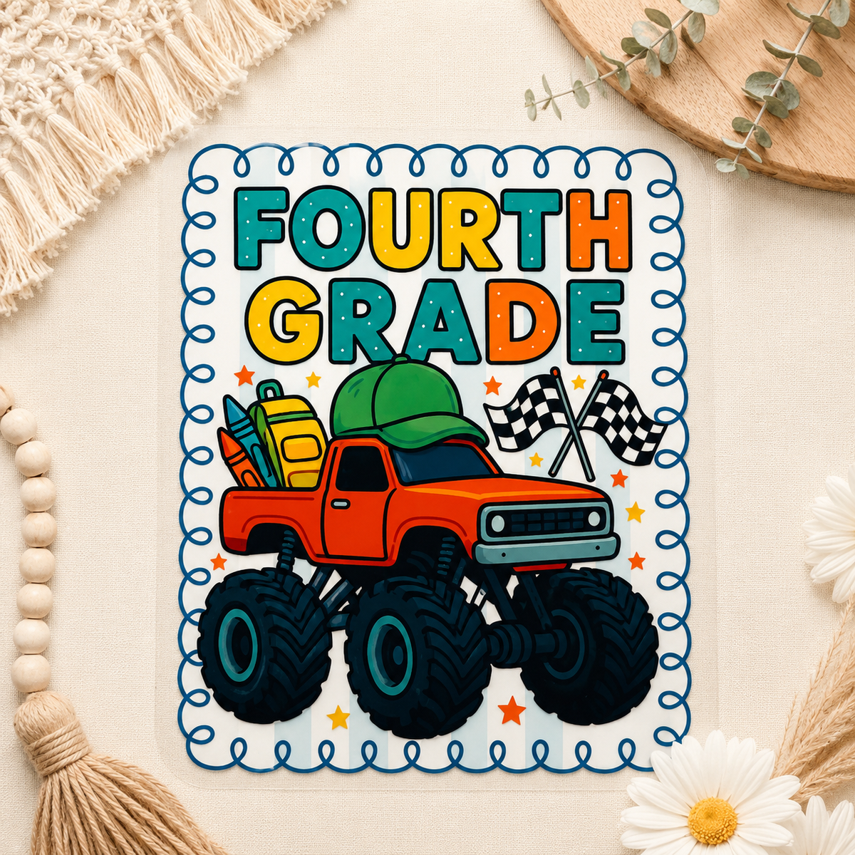 Creative Butterfly monster truck grade level kids DTF transfer showing colorful truck design on a white background.