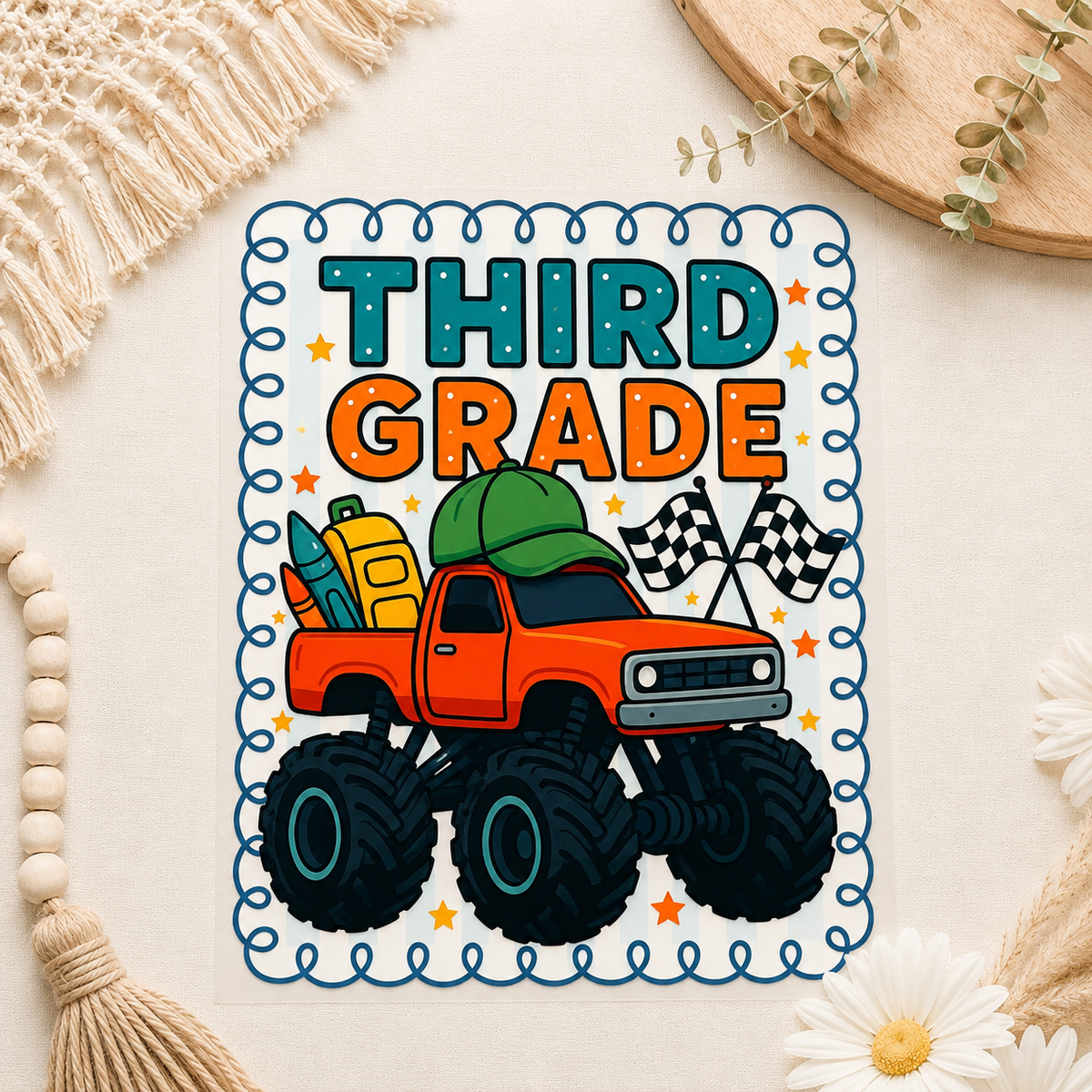 Creative Butterfly monster truck grade level kids DTF transfer on a white background, ready for fabric application.
