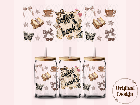Creative Butterfly Coffee & Books print featuring a cozy scene with a cup of coffee and stacked books on a wooden table.