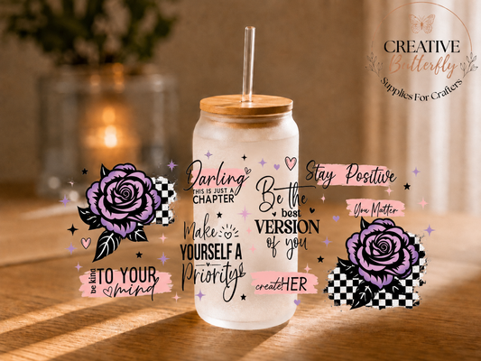 Creative Butterfly 022W glass jar with wooden lid and straw, decorated with motivational quotes and purple rose illustrations.